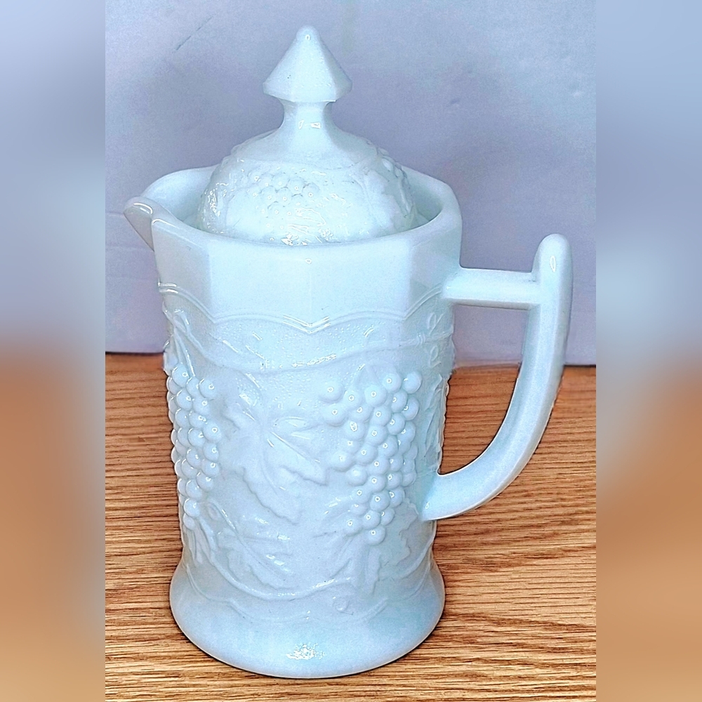 Vintage Imperial White Embossed Grape Milk Glass Pitcher with Locking Lid